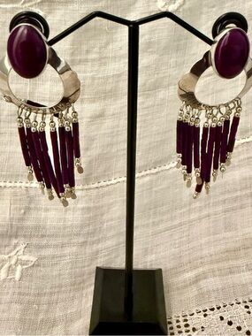 Purple Beaded Fringe Sterling Silver Hoop Earrings -  Women Jewelry
